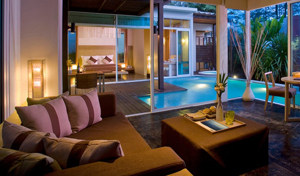 Classical luxury hotel villa with walk in pool, big windows, Phuket villa