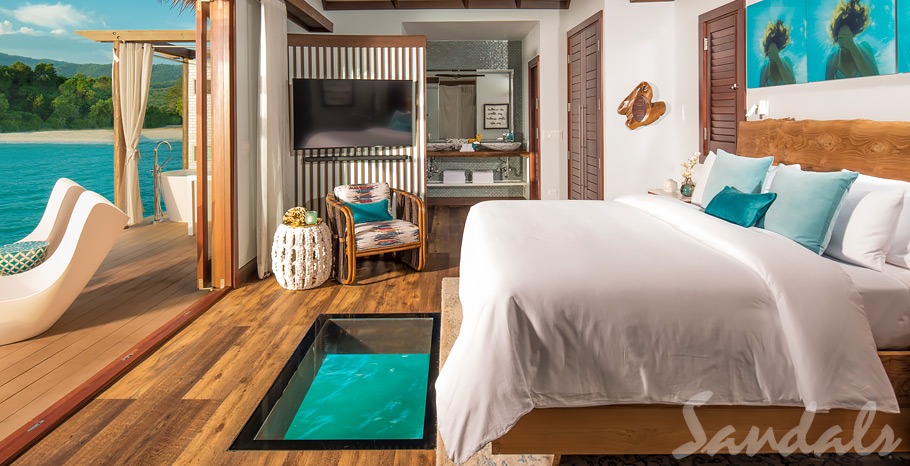 luxury water bungalow bedroom and terrace Jamaica