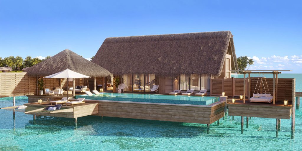 overwater bungalow, villa top of the ocean Maldives infinity pool 