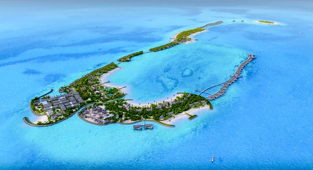 Aerial view of Waldorf Astoria Ithaafushi Resort Maldives blue ocean surrounded