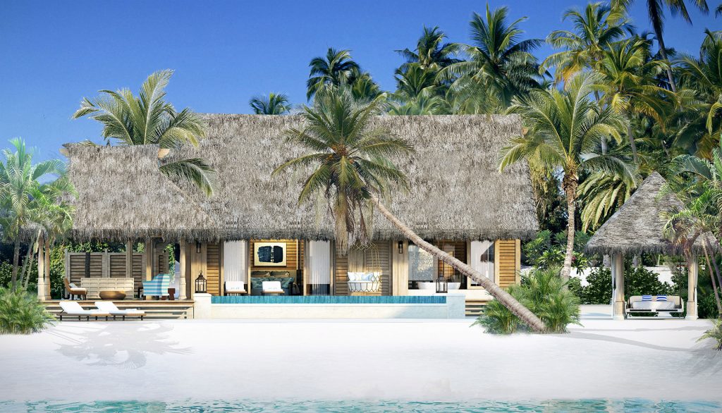 white sandy beach with bungalow and palm trees infinity pool 